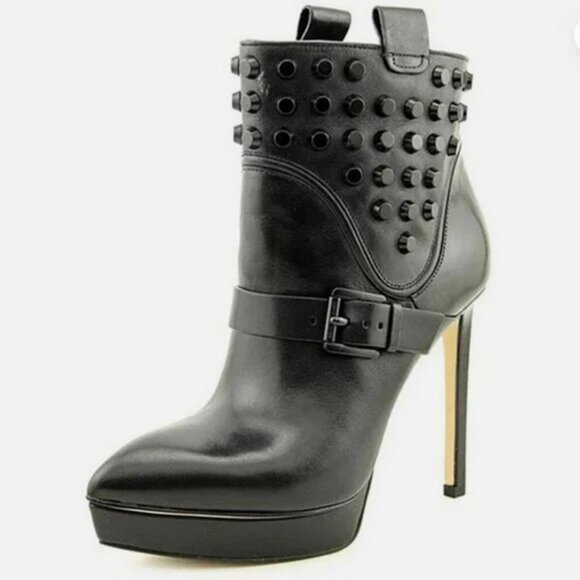 Michael Kors Black Leather Stiletto Bootie Goth Studded Pull On Biker Ankle Boot - Picture 1 of 16